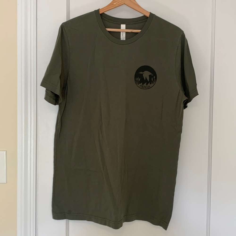 Olive green T-shirt with logo.